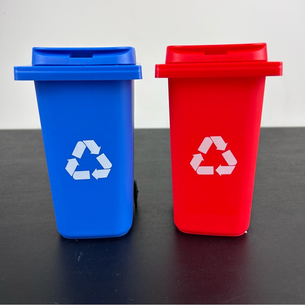 Mini Recycling Can Pencil & Pen Holder For Desk Bins Blue And Red Lot Of 2